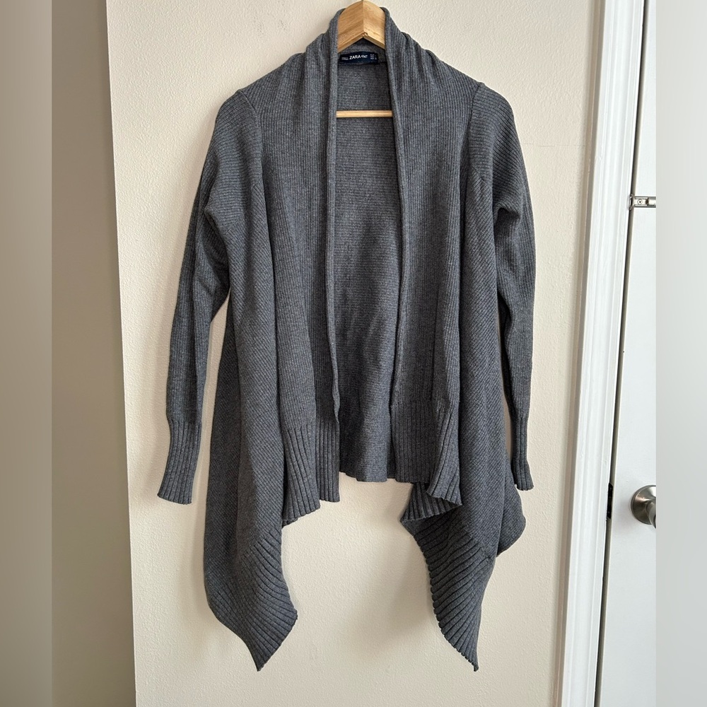 ZARA Knit Grey Draped Open Front Cardigan Sweater  Size L Large
